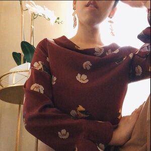 Burgundy Flower and Bird Old Money Boat/Cowl Neck Ruffle Sleeve Top